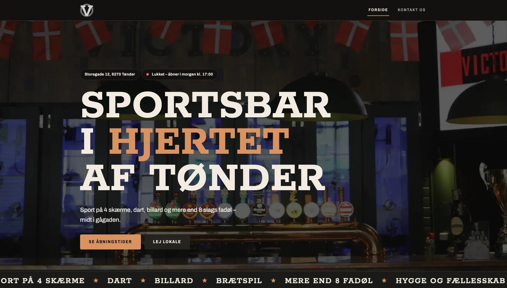 Forsiden af Victory Sportsbars hjemmeside