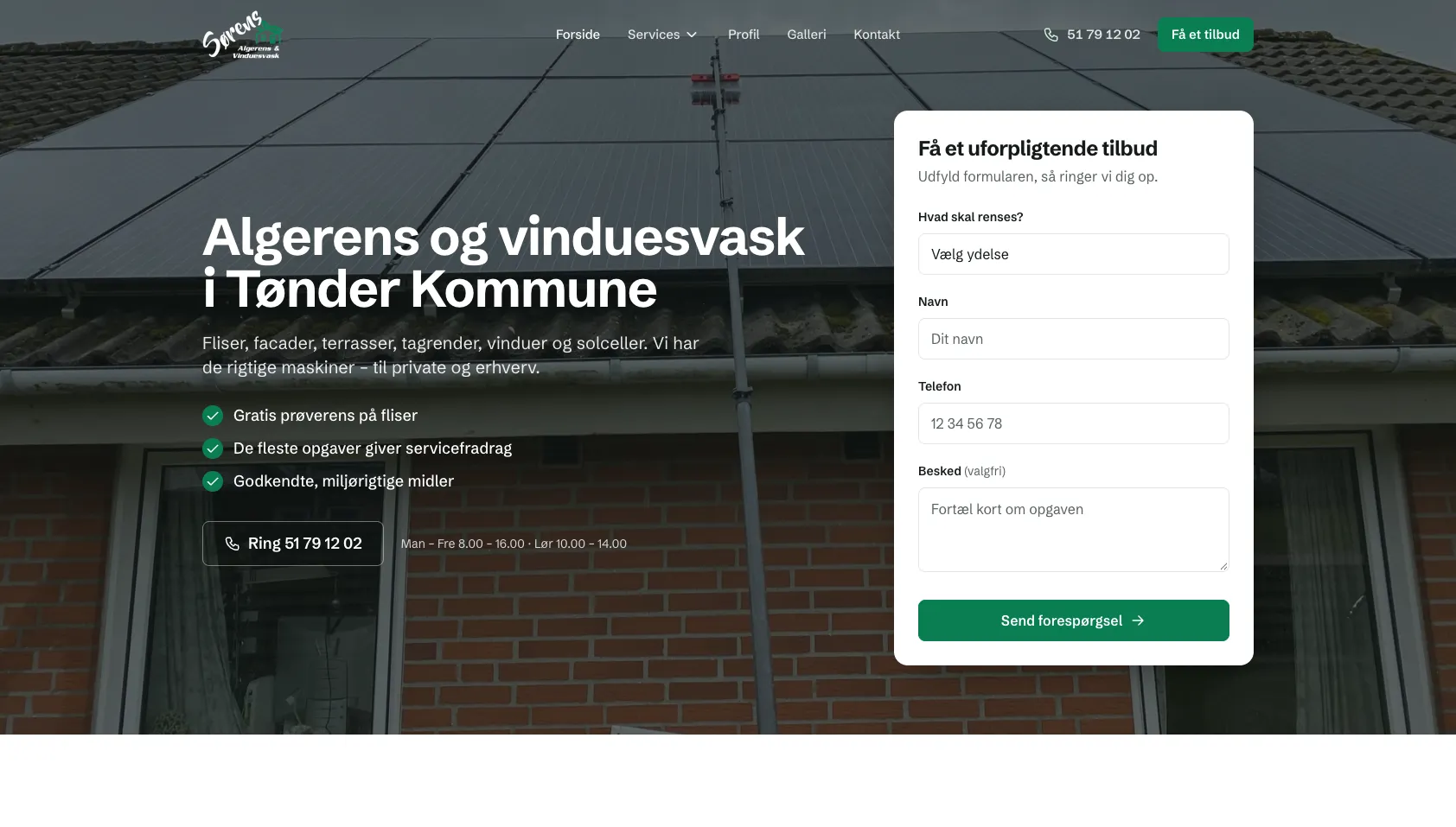 Forsiden af Sørens Algerens & Vinduesvasks hjemmeside
