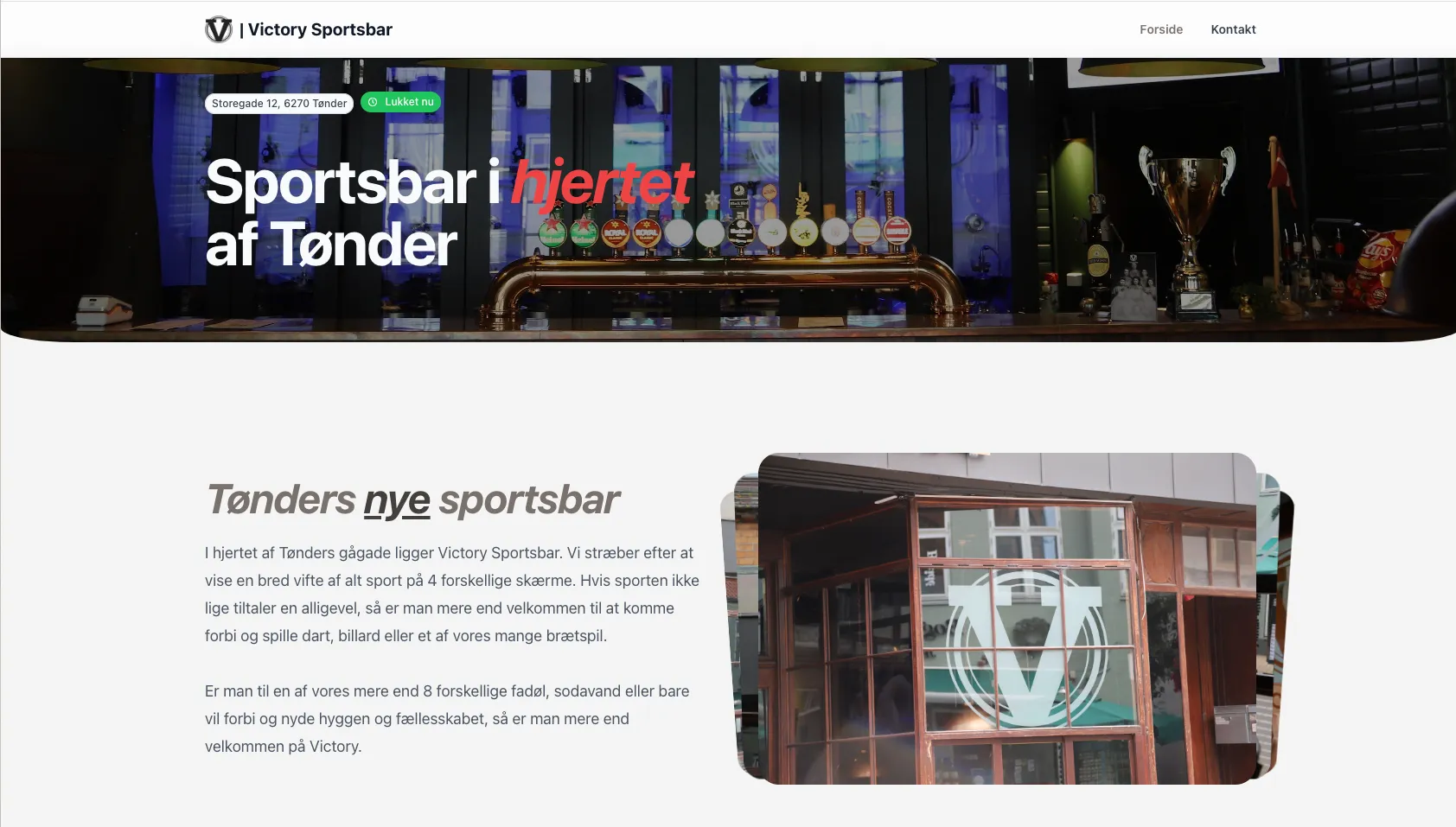 Forsiden af Victory Sportsbars hjemmeside